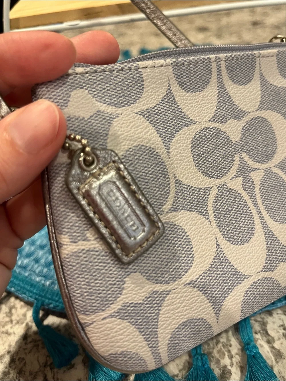 Coach Signature Canvas Wristlet in Light Gray and Cream. NWOT with COA